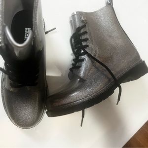 SOLDMichael Michael Kors Tavie Logo Tape and GLITTER silver combat rain boots